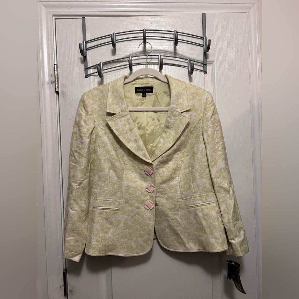 Isabel & Nina lime Green & Ivory Brocade Jacket floral‎ blazer Womens 14 preppy